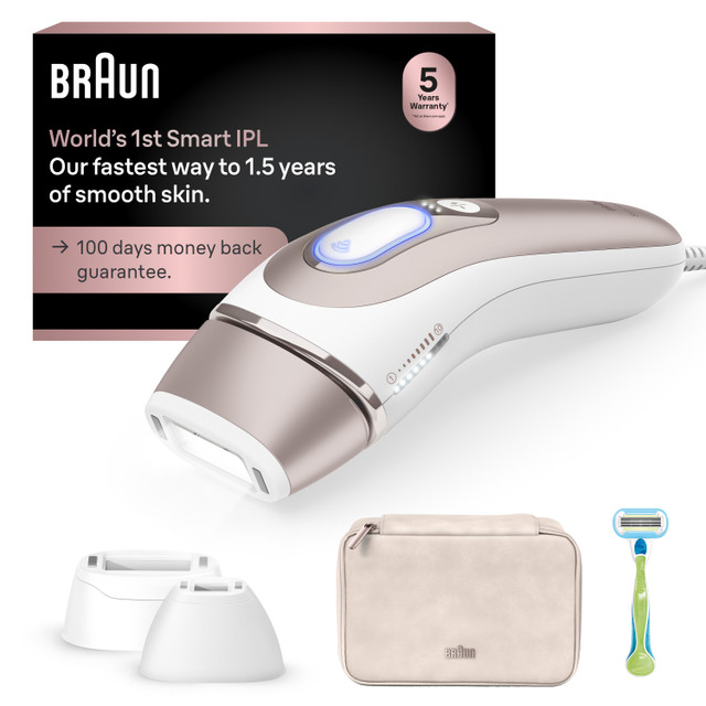 Braun Skin i·expert Smart IPL: At Home Alternative to Laser Hair Removal with 3 Caps and Leather Pouch, PL7243 for Women | Quick Ship